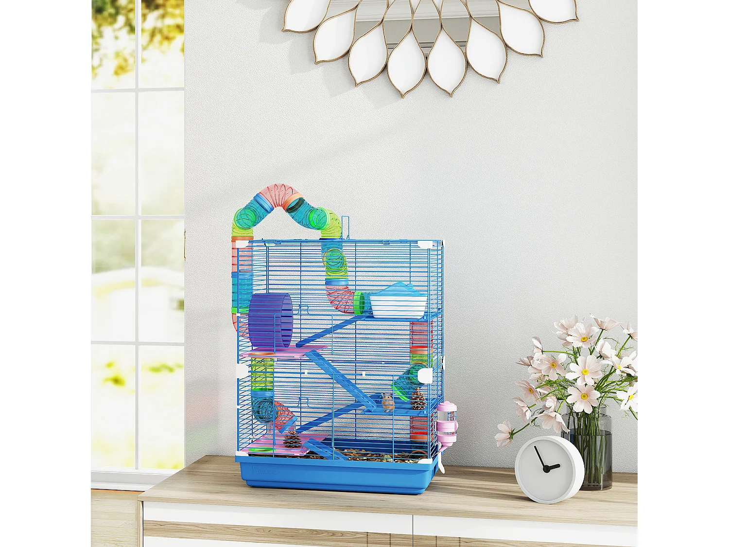 Cage pour hamster souris rongeur 4 étages avec tunnels mangeoire roue maison échelles dim. 46L x 30l x 58H cm bleu