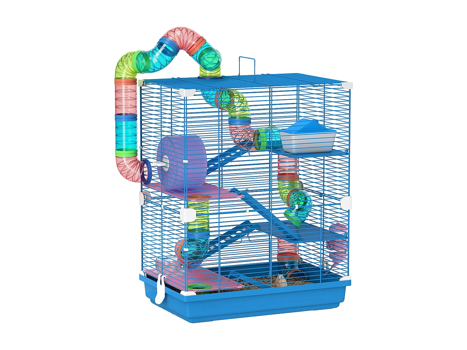 Cage pour hamster souris rongeur 4 étages avec tunnels mangeoire roue maison échelles dim. 46L x 30l x 58H cm bleu