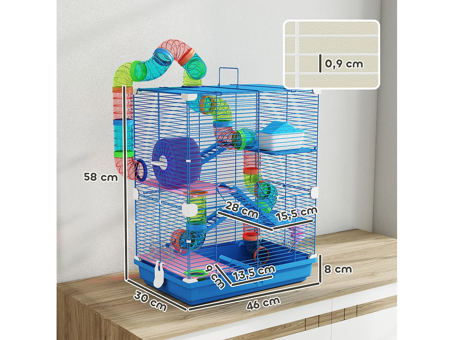 Cage pour hamster souris rongeur 4 étages avec tunnels mangeoire roue maison échelles dim. 46L x 30l x 58H cm bleu