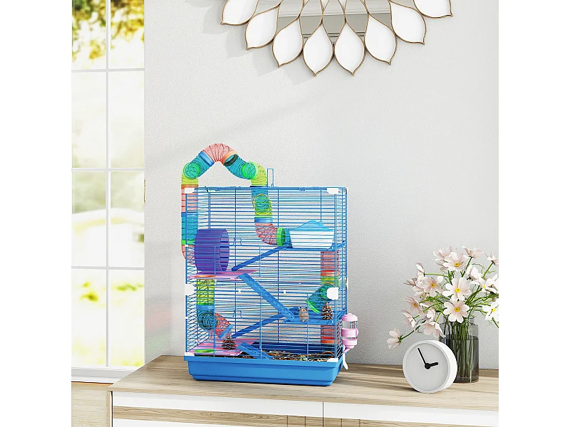 Cage pour hamster souris rongeur 4 étages avec tunnels mangeoire roue maison échelles dim. 46L x 30l x 58H cm bleu