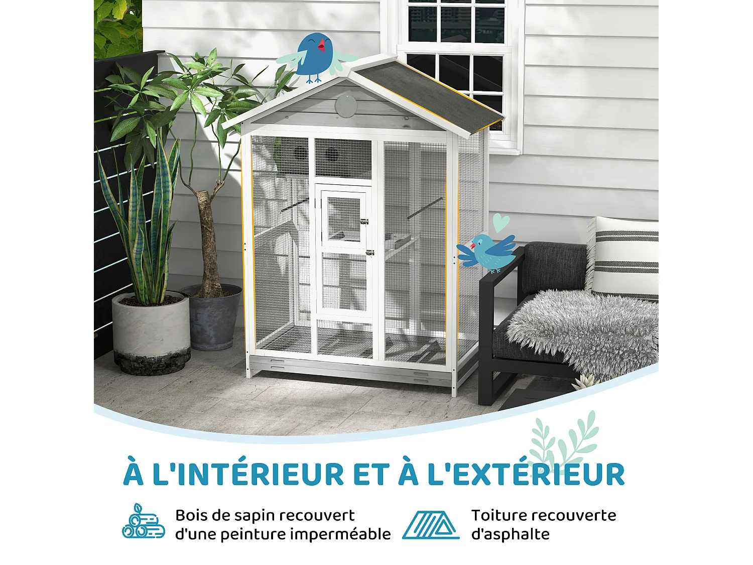 Cage oiseau grande taille - volière à oiseaux dim. 112 x 68 x 154 cm - nombreux accessoires - métal bois blanc gris noir