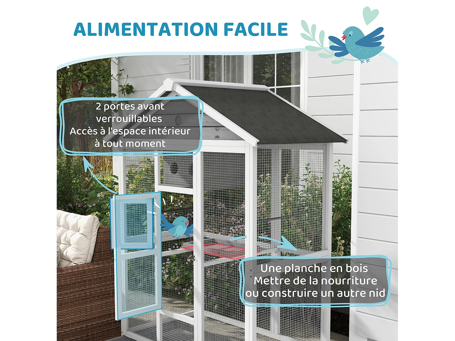 Cage oiseau grande taille - volière à oiseaux dim. 112 x 68 x 154 cm - nombreux accessoires - métal bois blanc gris noir