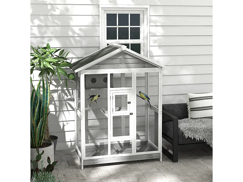 Cage oiseau grande taille - volière à oiseaux dim. 112 x 68 x 154 cm - nombreux accessoires - métal bois blanc gris noir
