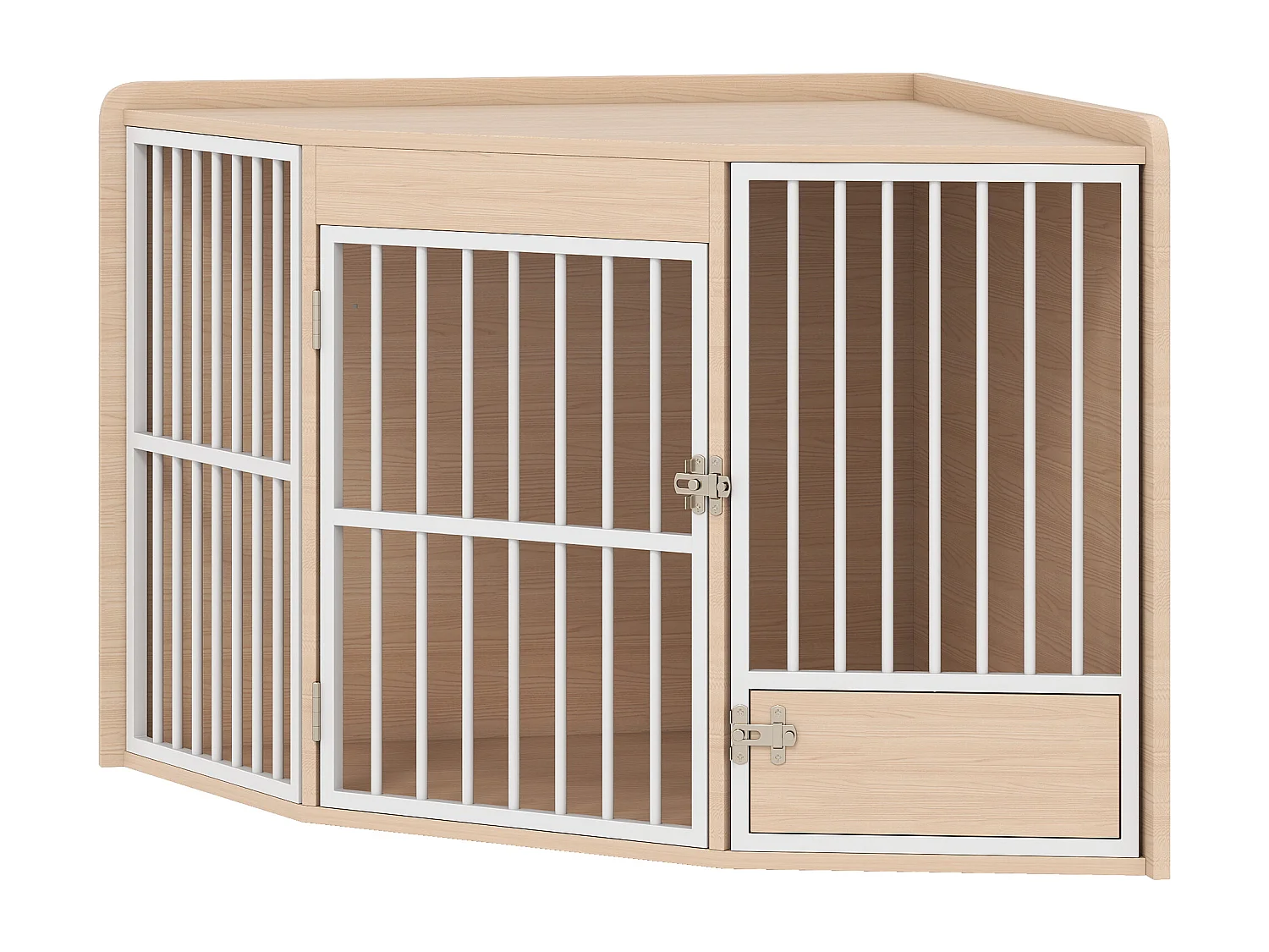 Cage d'angle pour chien en bois clair dim. 113 x 80 x 64 cm porte entrée + porte rotative alimentation