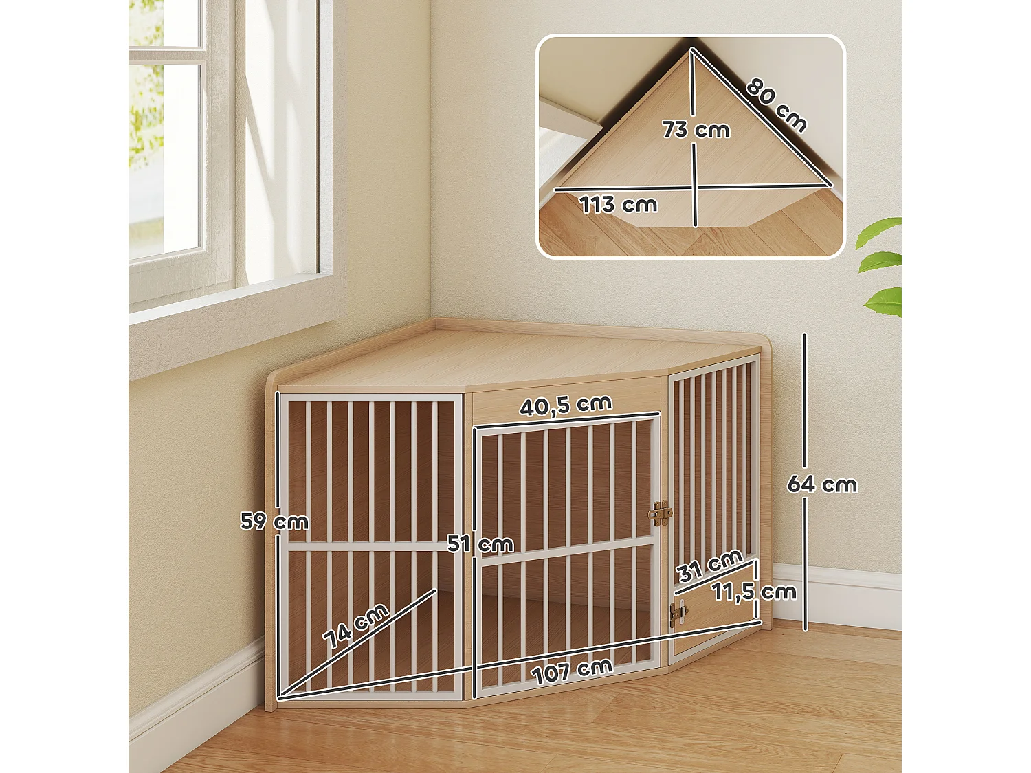 Cage d'angle pour chien en bois clair dim. 113 x 80 x 64 cm porte entrée + porte rotative alimentation