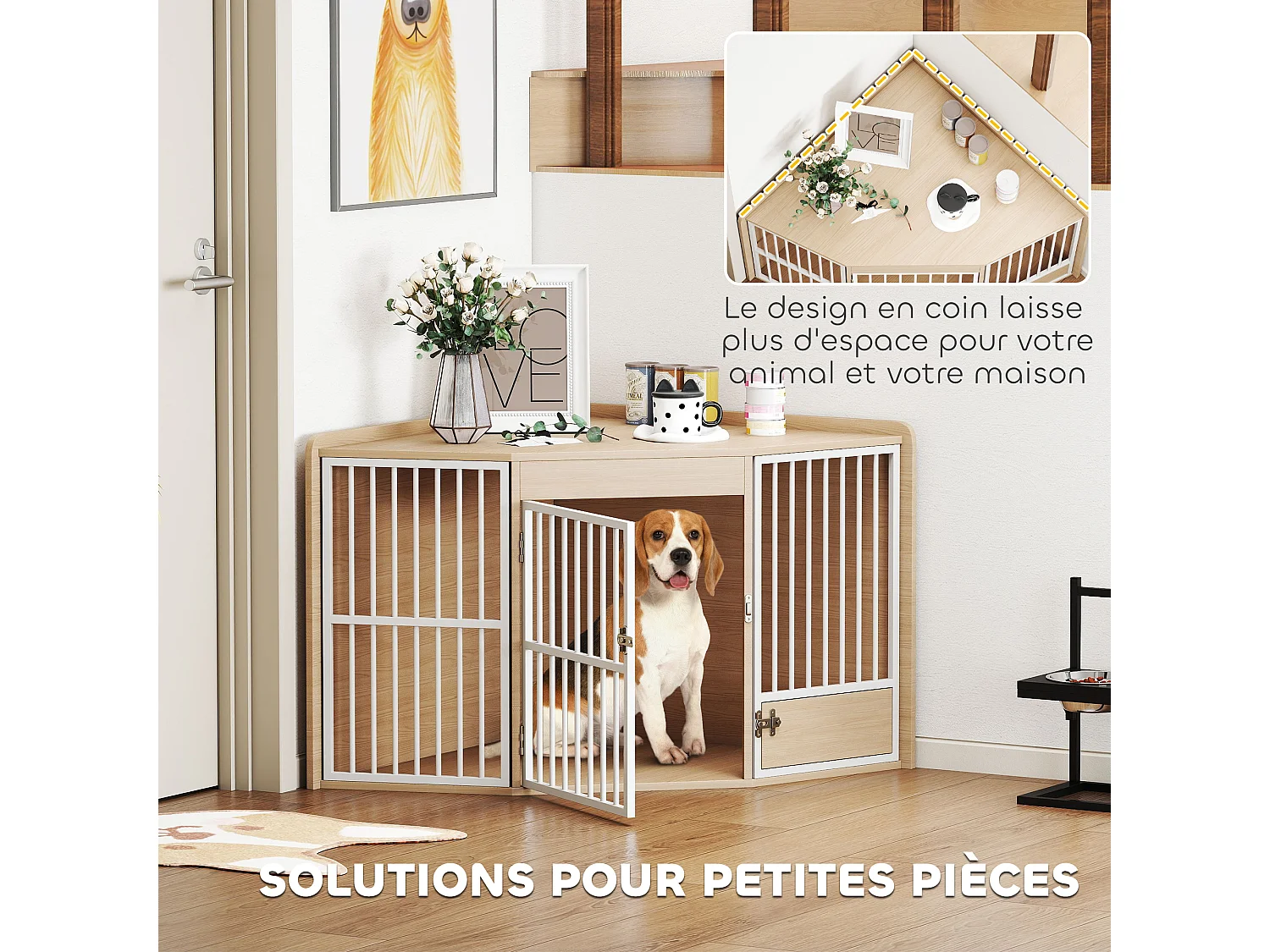 Cage d'angle pour chien en bois clair dim. 113 x 80 x 64 cm porte entrée + porte rotative alimentation