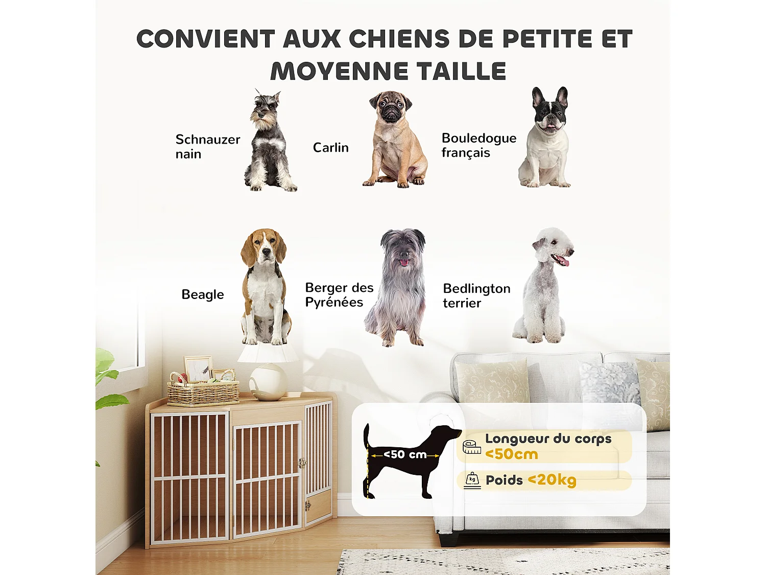 Cage d'angle pour chien en bois clair dim. 113 x 80 x 64 cm porte entrée + porte rotative alimentation
