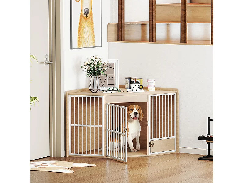 Cage d'angle pour chien en bois clair dim. 113 x 80 x 64 cm porte entrée + porte rotative alimentation