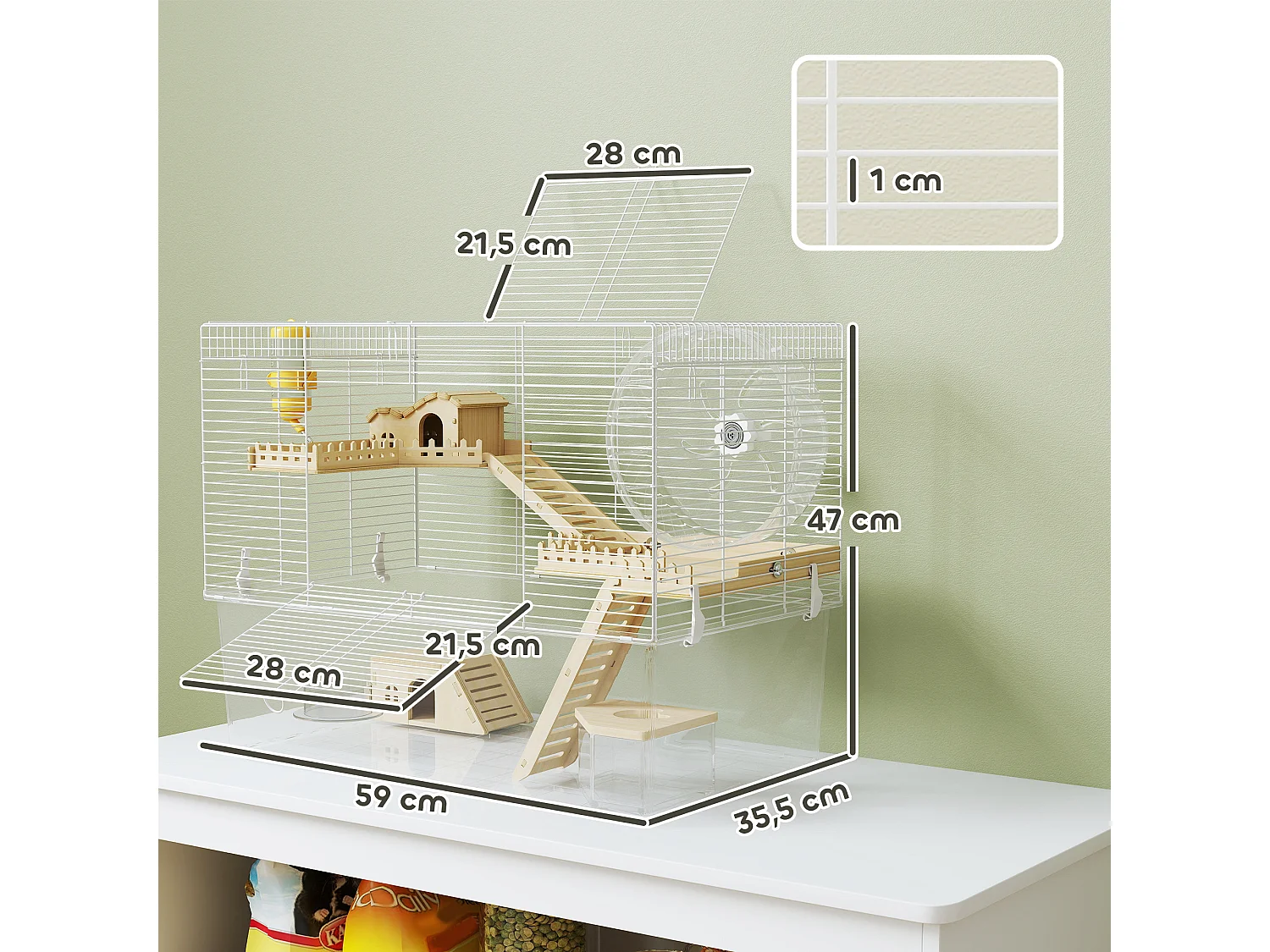 Cage à hamster à 3 niveaux avec roue d'exercice, plateau, 59 x 35,5 x 47 cm, blanc