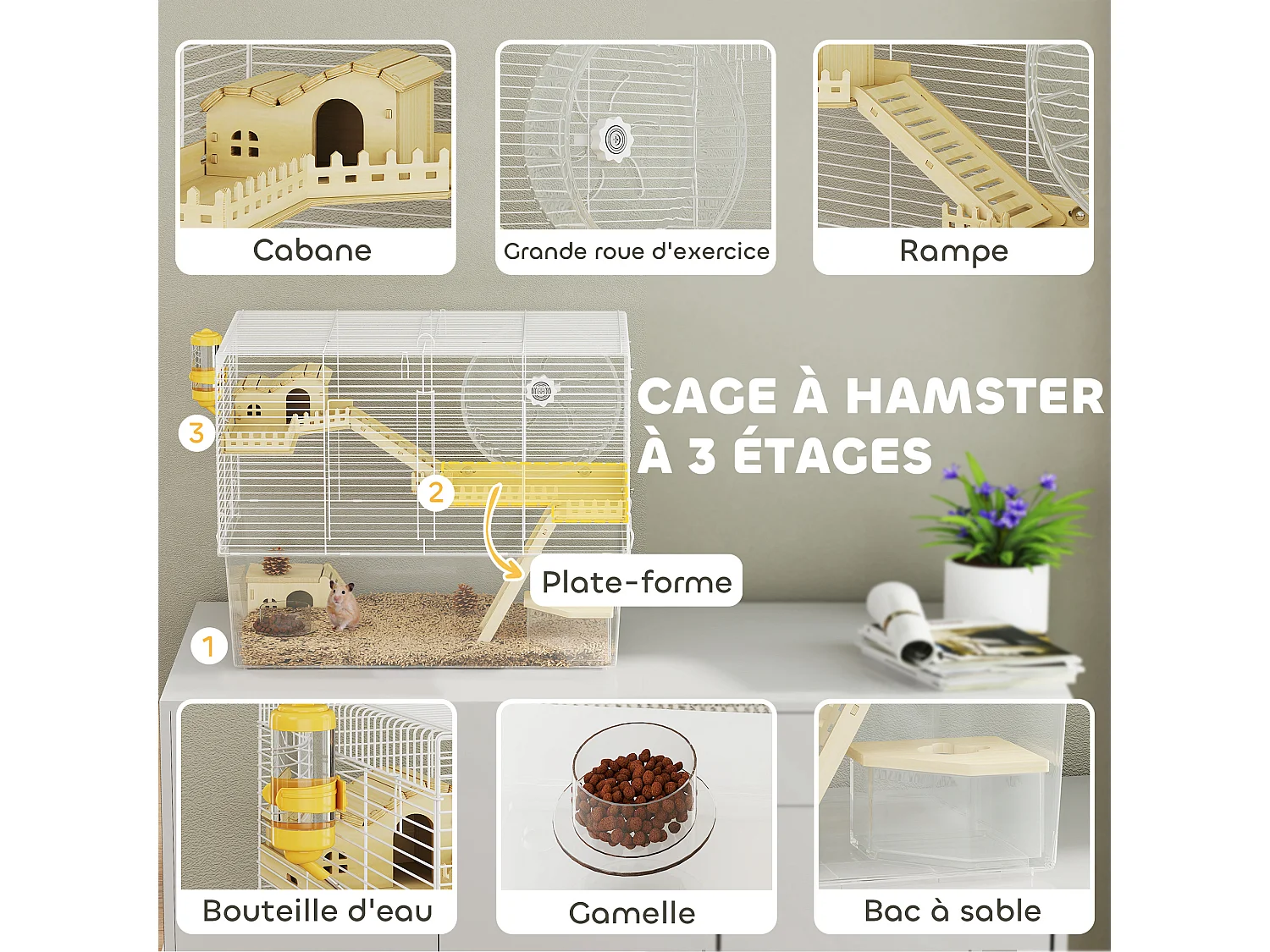 Cage à hamster à 3 niveaux avec roue d'exercice, plateau, 59 x 35,5 x 47 cm, blanc