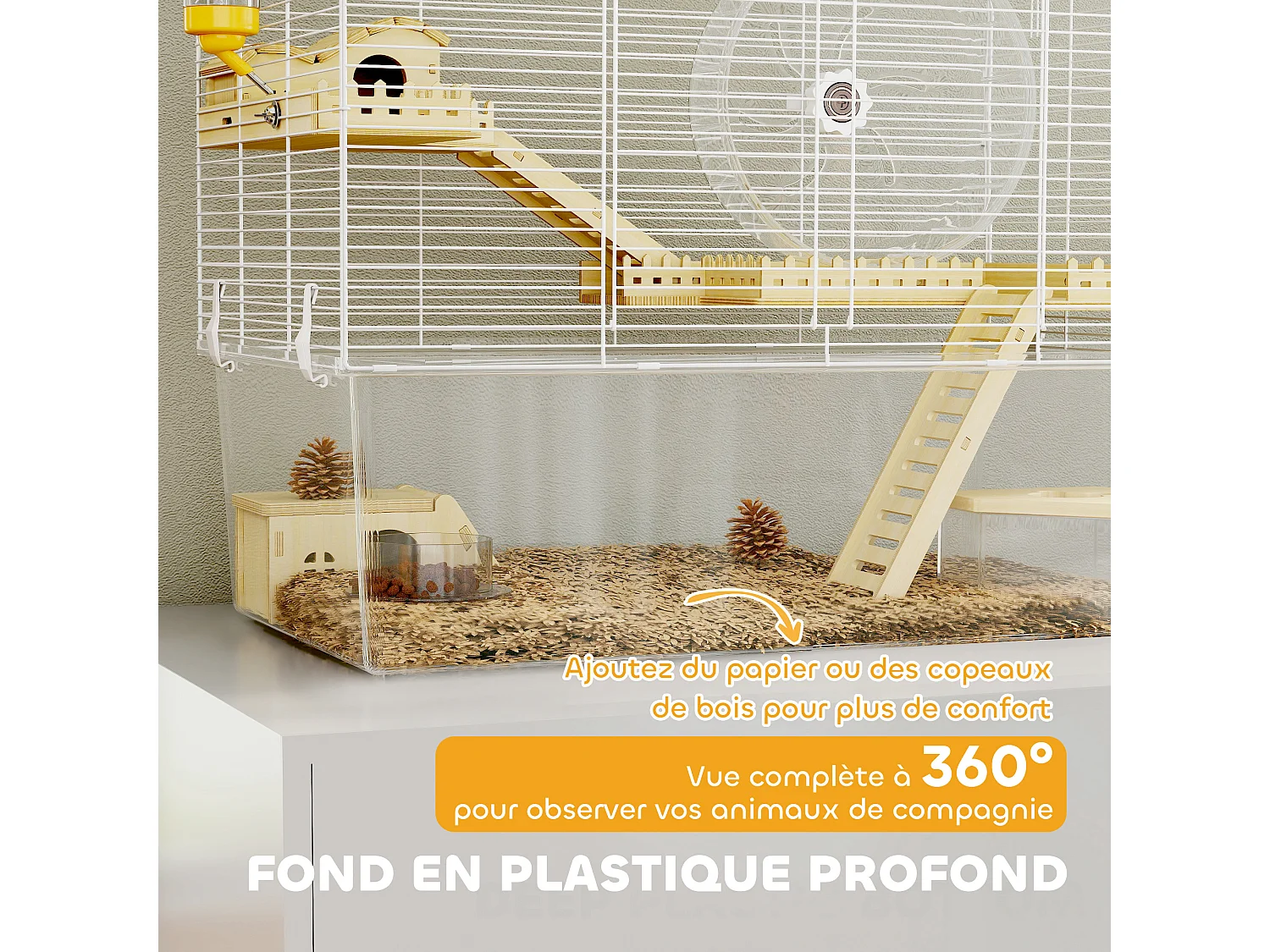 Cage à hamster à 3 niveaux avec roue d'exercice, plateau, 59 x 35,5 x 47 cm, blanc