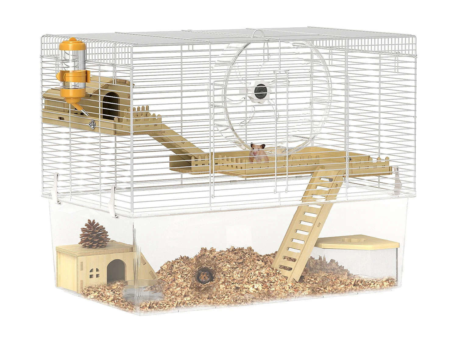 Cage à hamster à 3 niveaux avec roue d'exercice, plateau, 59 x 35,5 x 47 cm, blanc