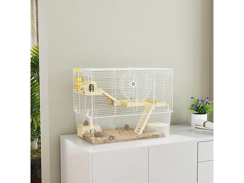 Cage à hamster à 3 niveaux avec roue d'exercice, plateau, 59 x 35,5 x 47 cm, blanc