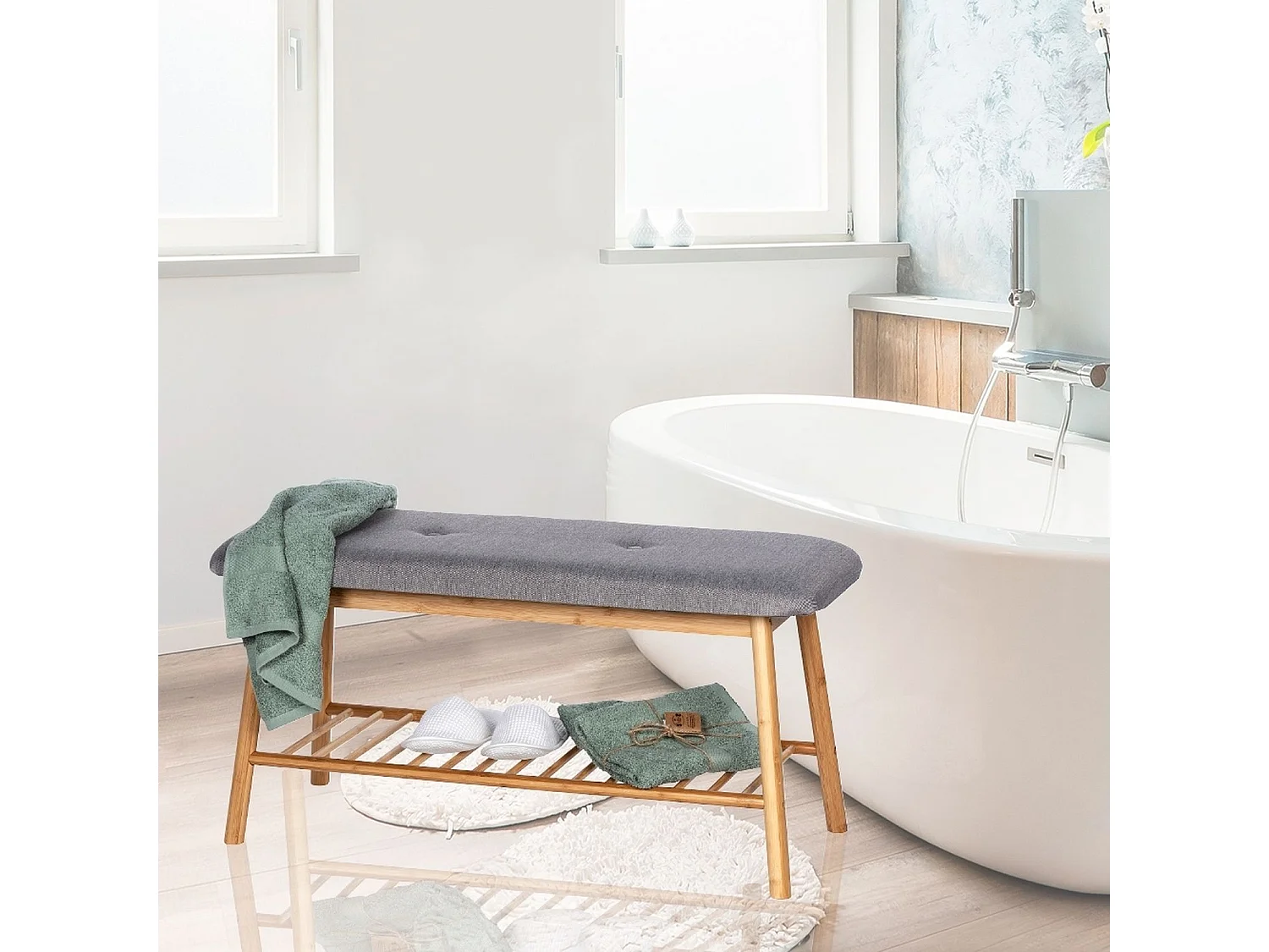 Banc en tissu et bambou "Bahari" avec support à chaussure - Gris/Beige - L 90 x H 45 x P 34 cm