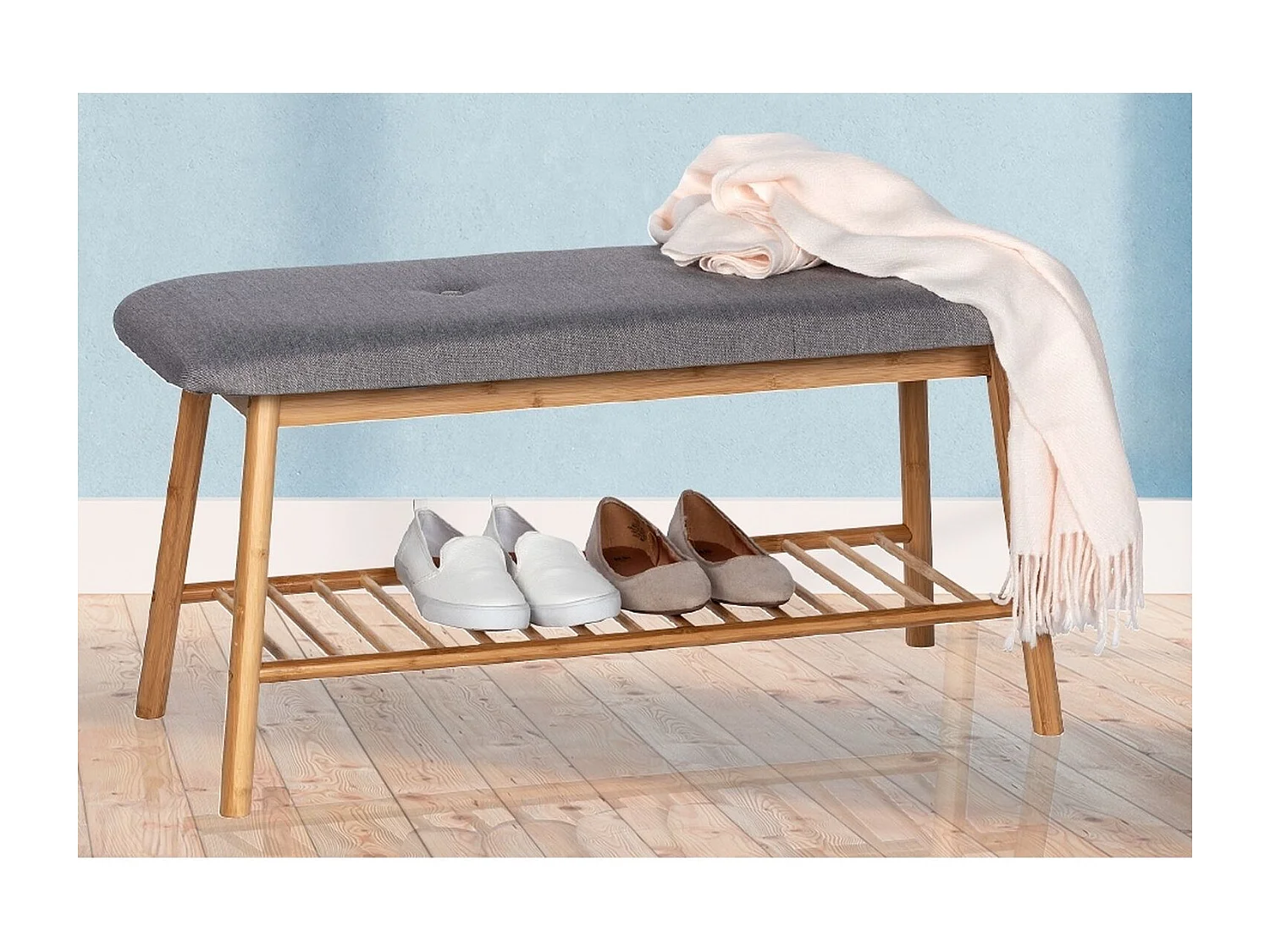 Banc en tissu et bambou "Bahari" avec support à chaussure - Gris/Beige - L 90 x H 45 x P 34 cm