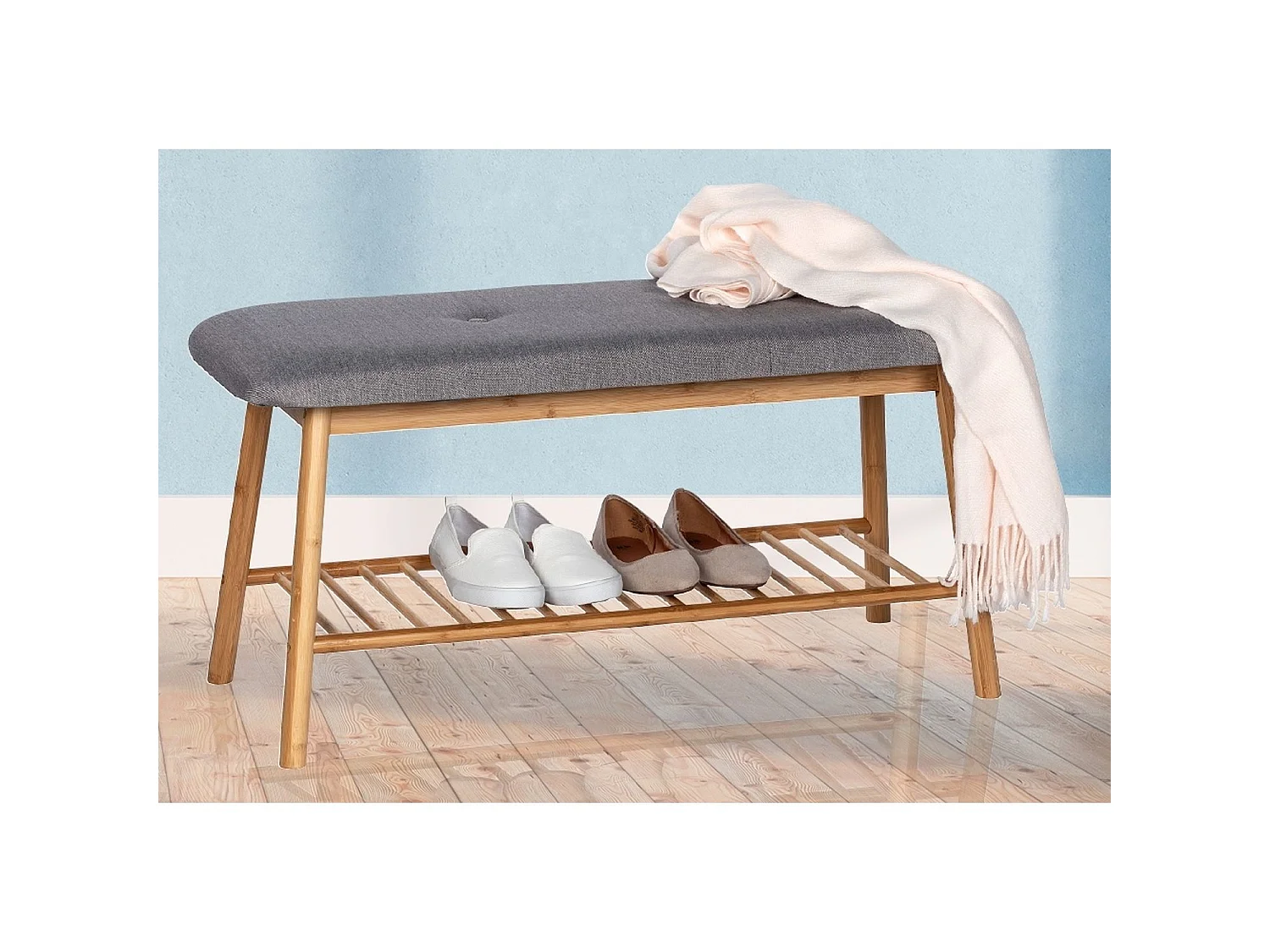 Banc en tissu et bambou "Bahari" avec support à chaussure - Gris/Beige - L 90 x H 45 x P 34 cm