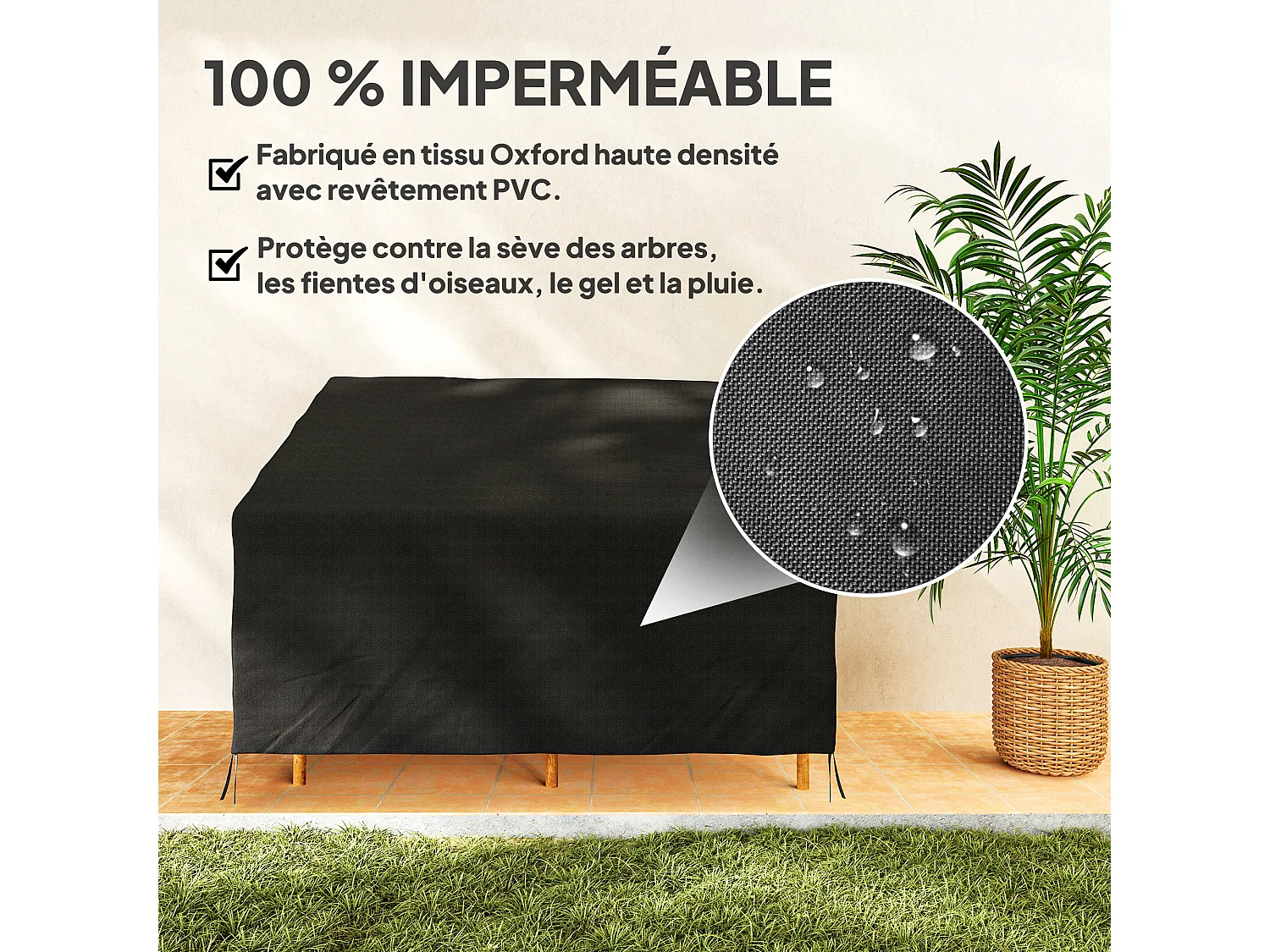 Housse de protection mobilier de jardin bâche étanche 140L x 84l x 56/94H cm oxford haute densité 600D noir