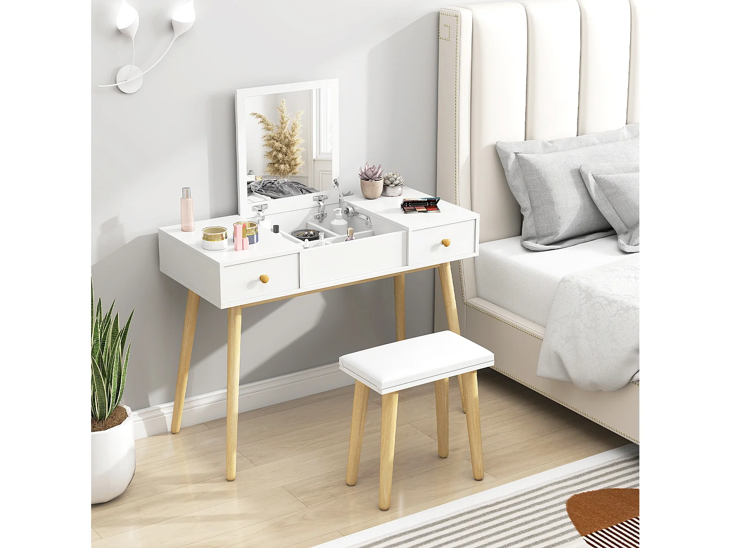 Coiffeuse avec tabouret style scandinave - 2 tiroirs, compartiment porte miroir -  panneaux blanc
