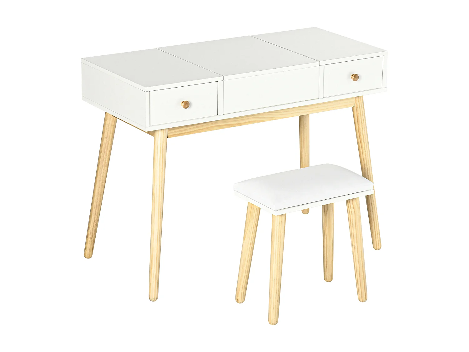Coiffeuse avec tabouret style scandinave - 2 tiroirs, compartiment porte miroir -  panneaux blanc