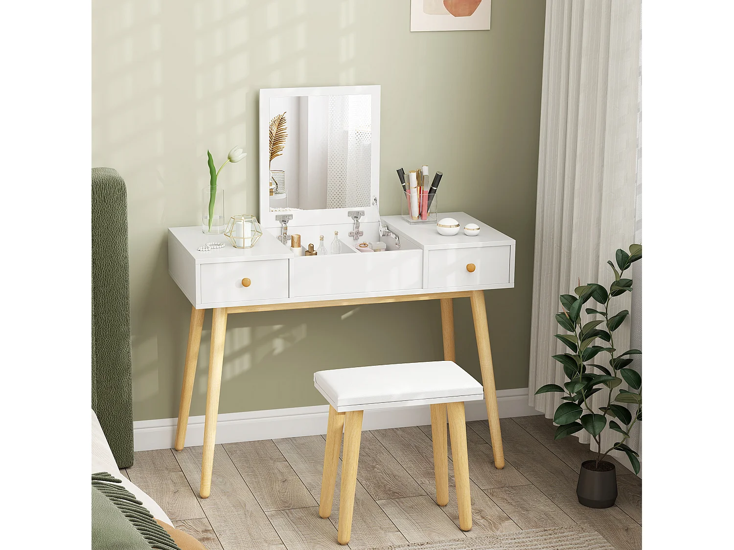 Coiffeuse avec tabouret style scandinave - 2 tiroirs, compartiment porte miroir -  panneaux blanc
