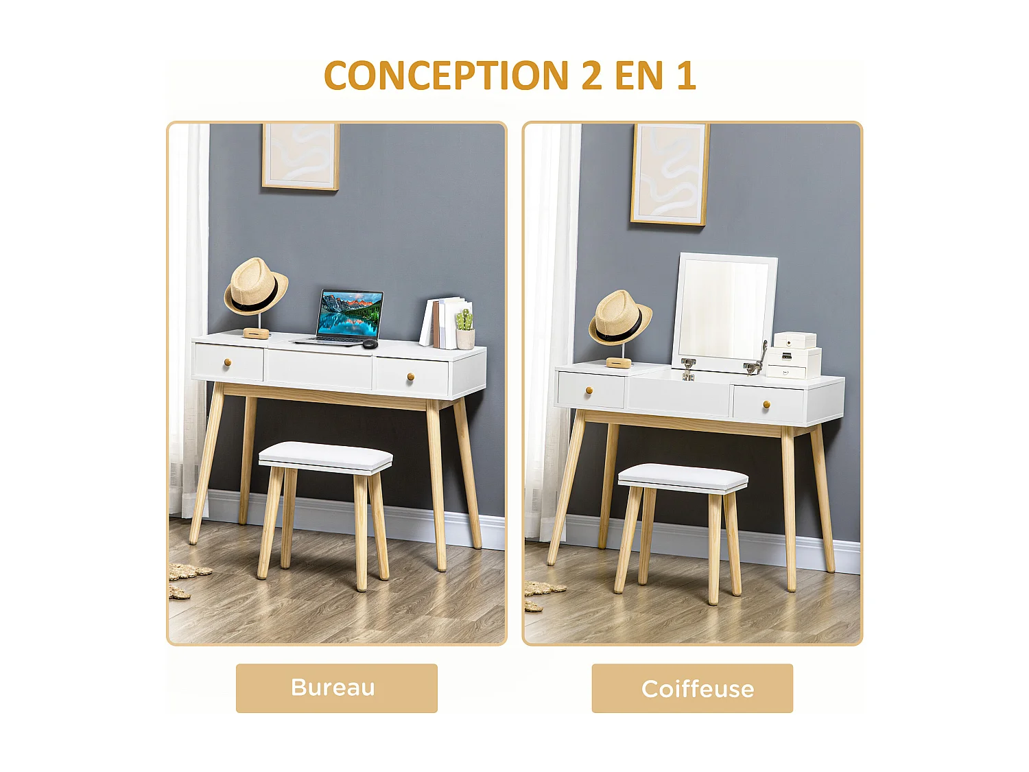 Coiffeuse avec tabouret style scandinave - 2 tiroirs, compartiment porte miroir -  panneaux blanc