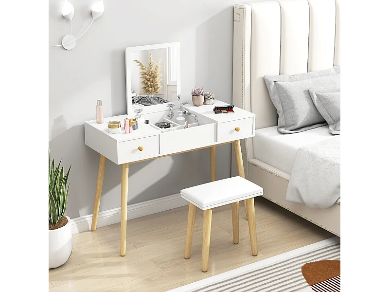 Coiffeuse avec tabouret style scandinave - 2 tiroirs, compartiment porte miroir -  panneaux blanc