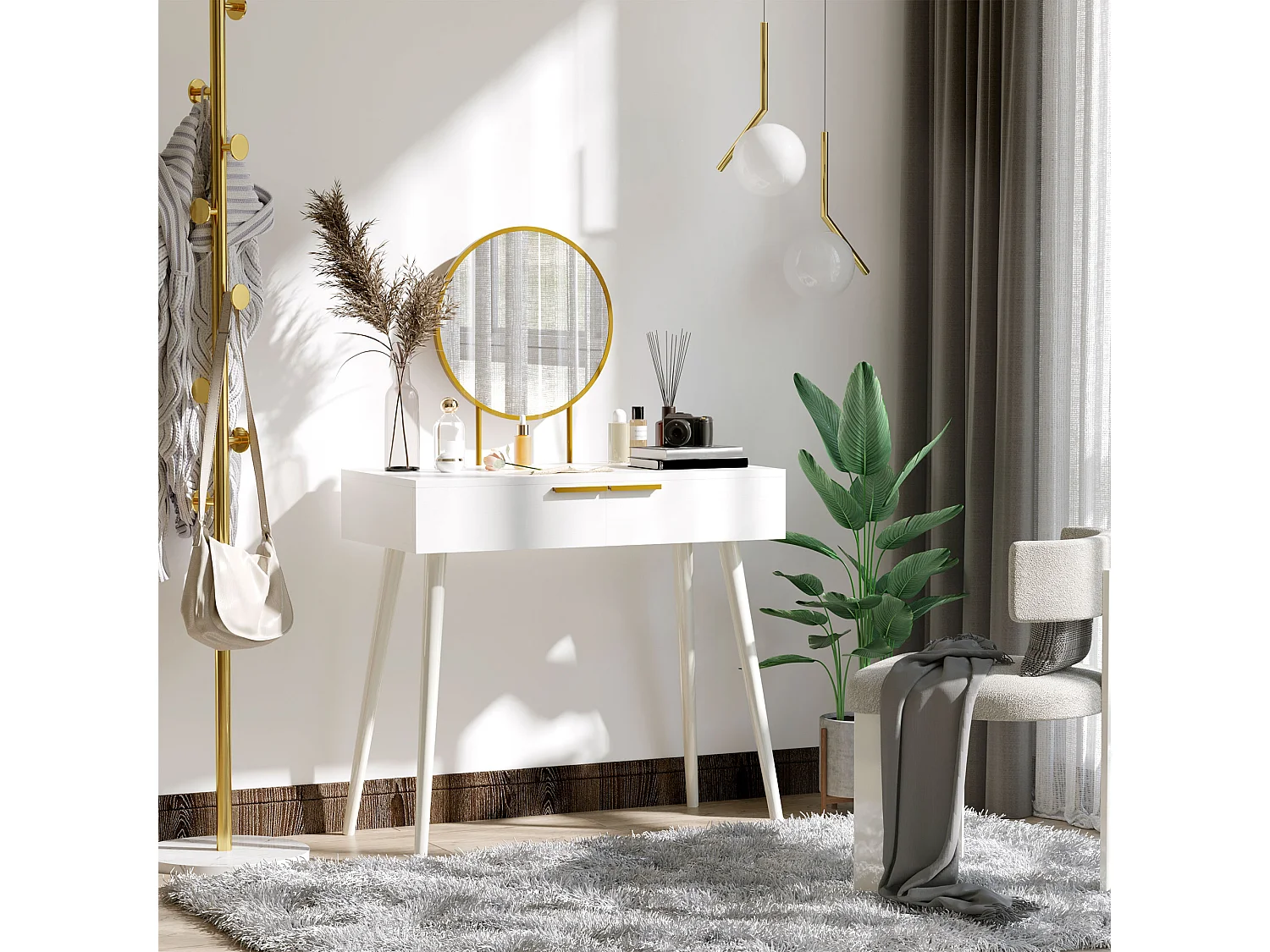 Coiffeuse miroir rond style Art déco - 2 tiroirs - piètement effilé bois - métal doré effet bois blanc