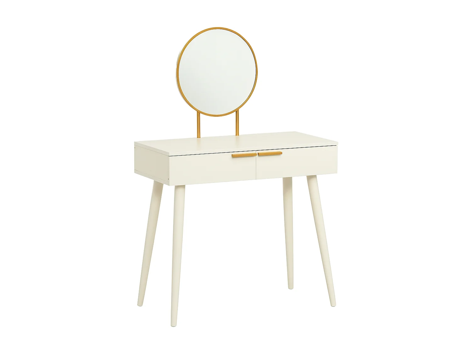 Coiffeuse miroir rond style Art déco - 2 tiroirs - piètement effilé bois - métal doré effet bois blanc