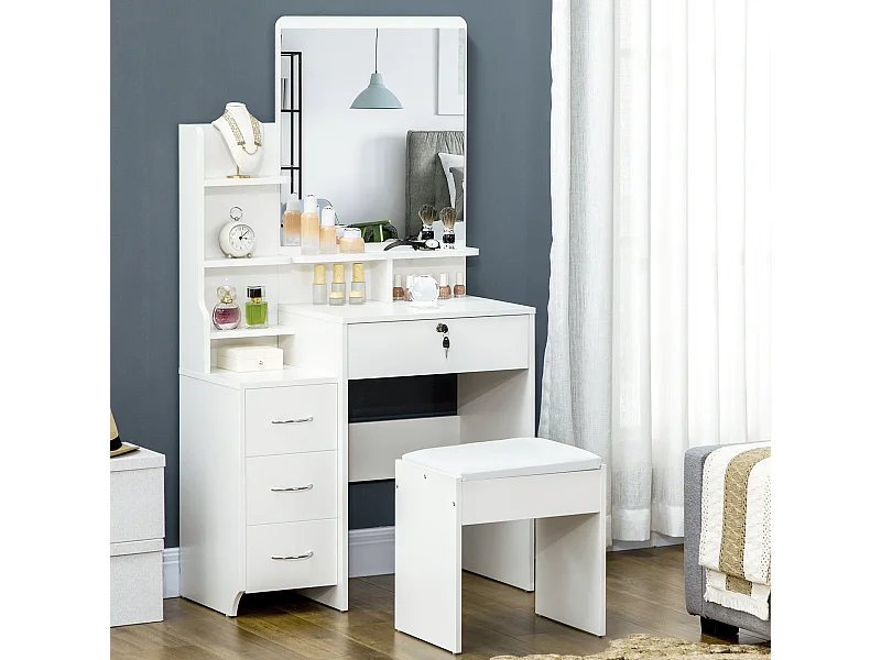 Ensemble coiffeuse tabouret design contemporain multi-rangement 4 tiroirs 4 étagères grand miroir blanc