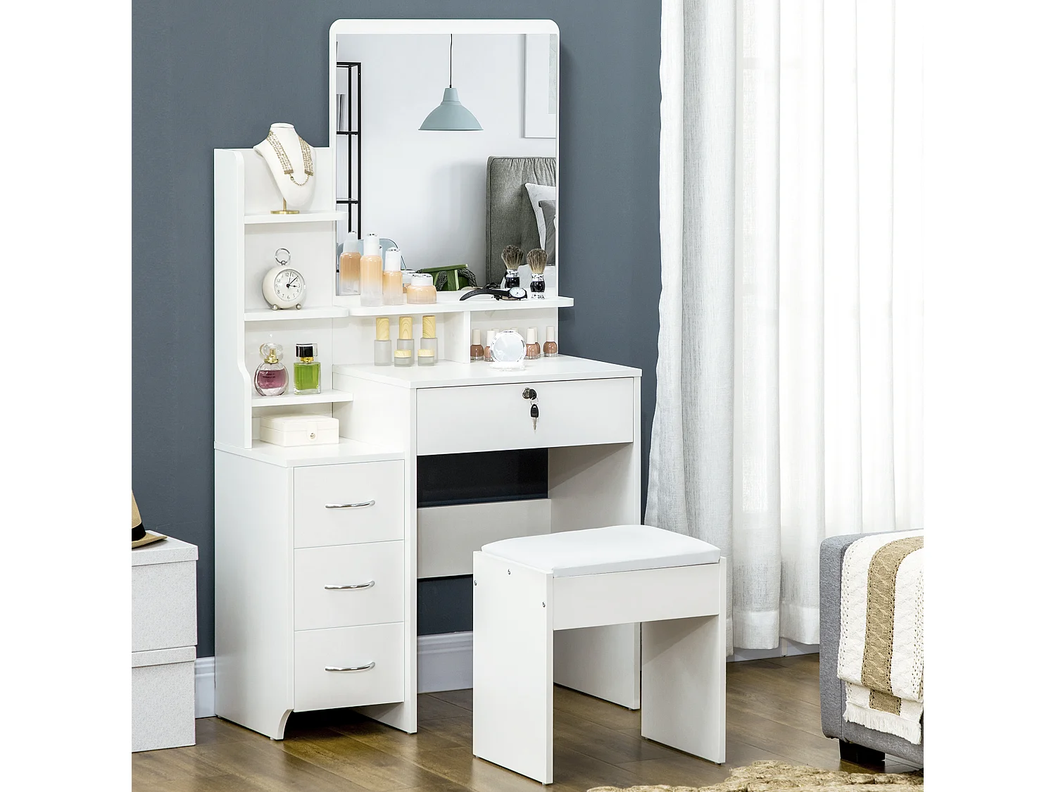 Ensemble coiffeuse tabouret design contemporain multi-rangement 4 tiroirs 4 étagères grand miroir blanc