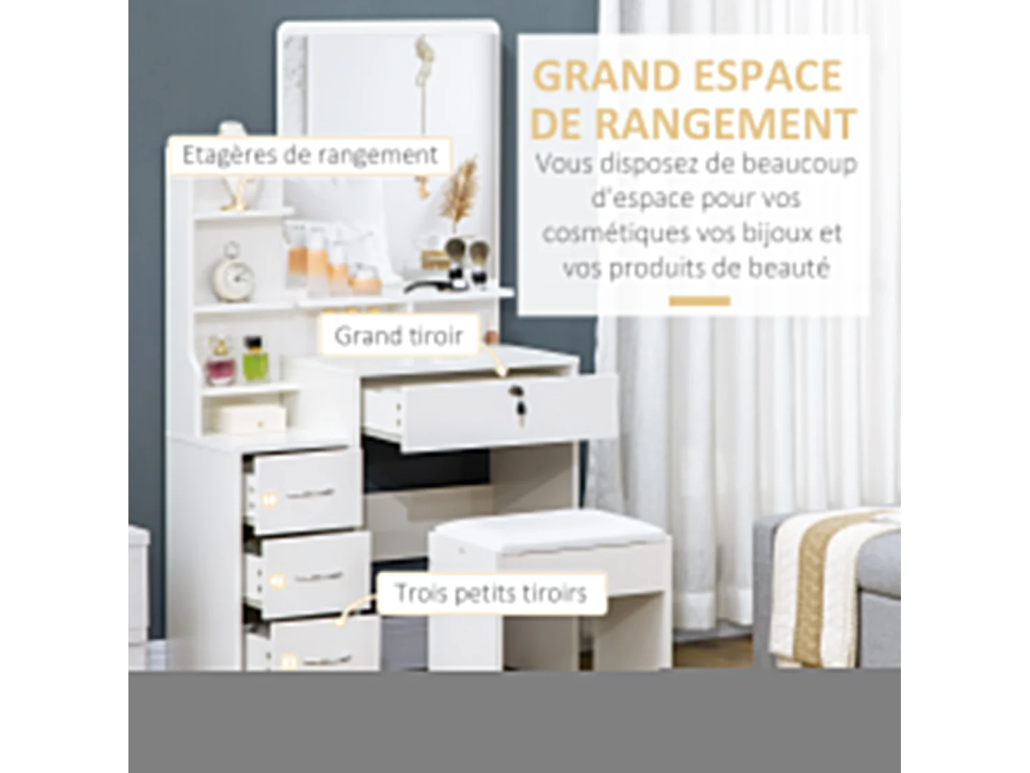 Ensemble coiffeuse tabouret design contemporain multi-rangement 4 tiroirs 4 étagères grand miroir blanc