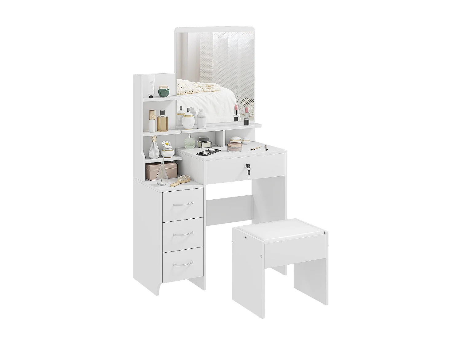 Ensemble coiffeuse tabouret design contemporain multi-rangement 4 tiroirs 4 étagères grand miroir blanc