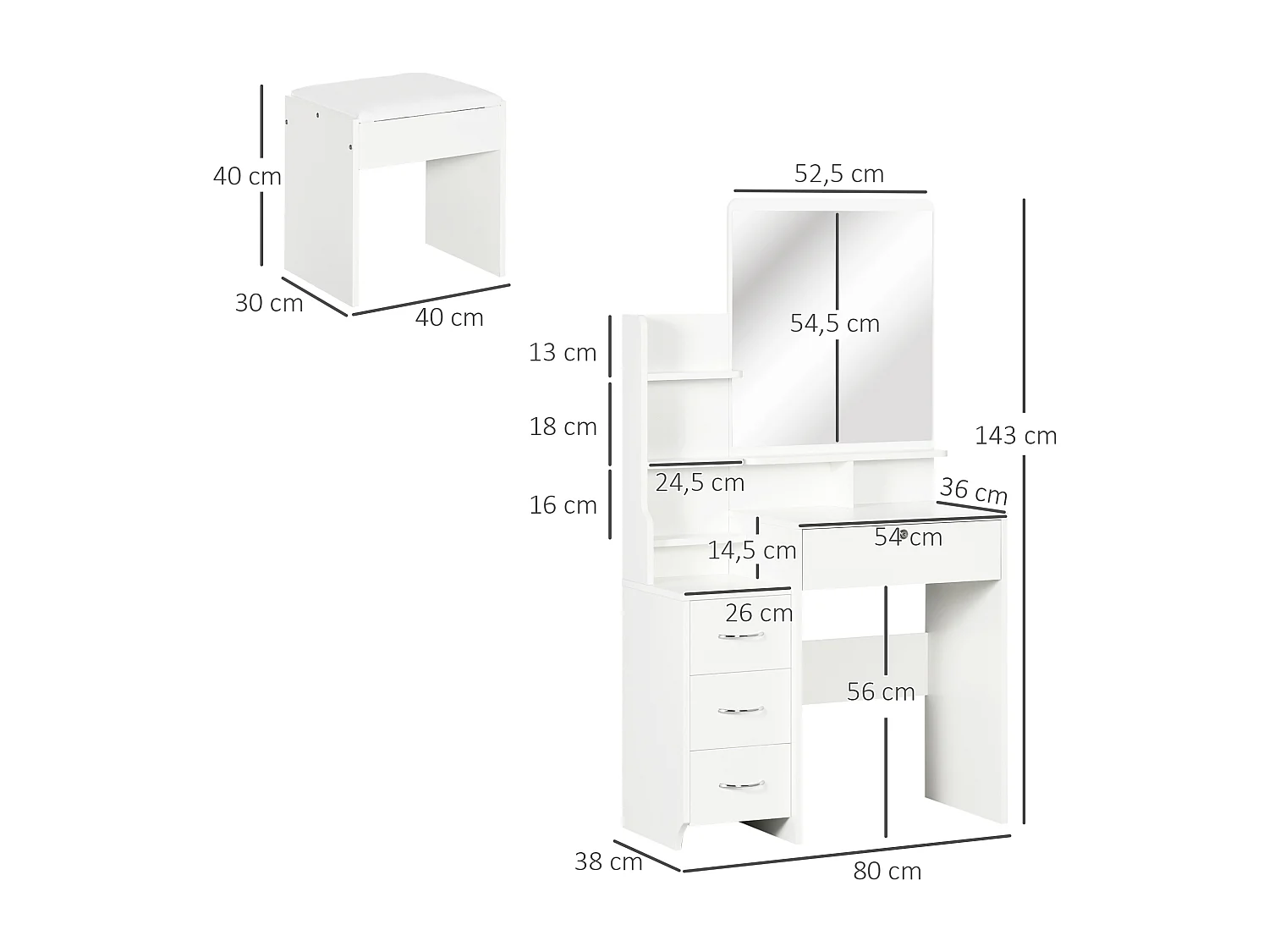 Ensemble coiffeuse tabouret design contemporain multi-rangement 4 tiroirs 4 étagères grand miroir blanc