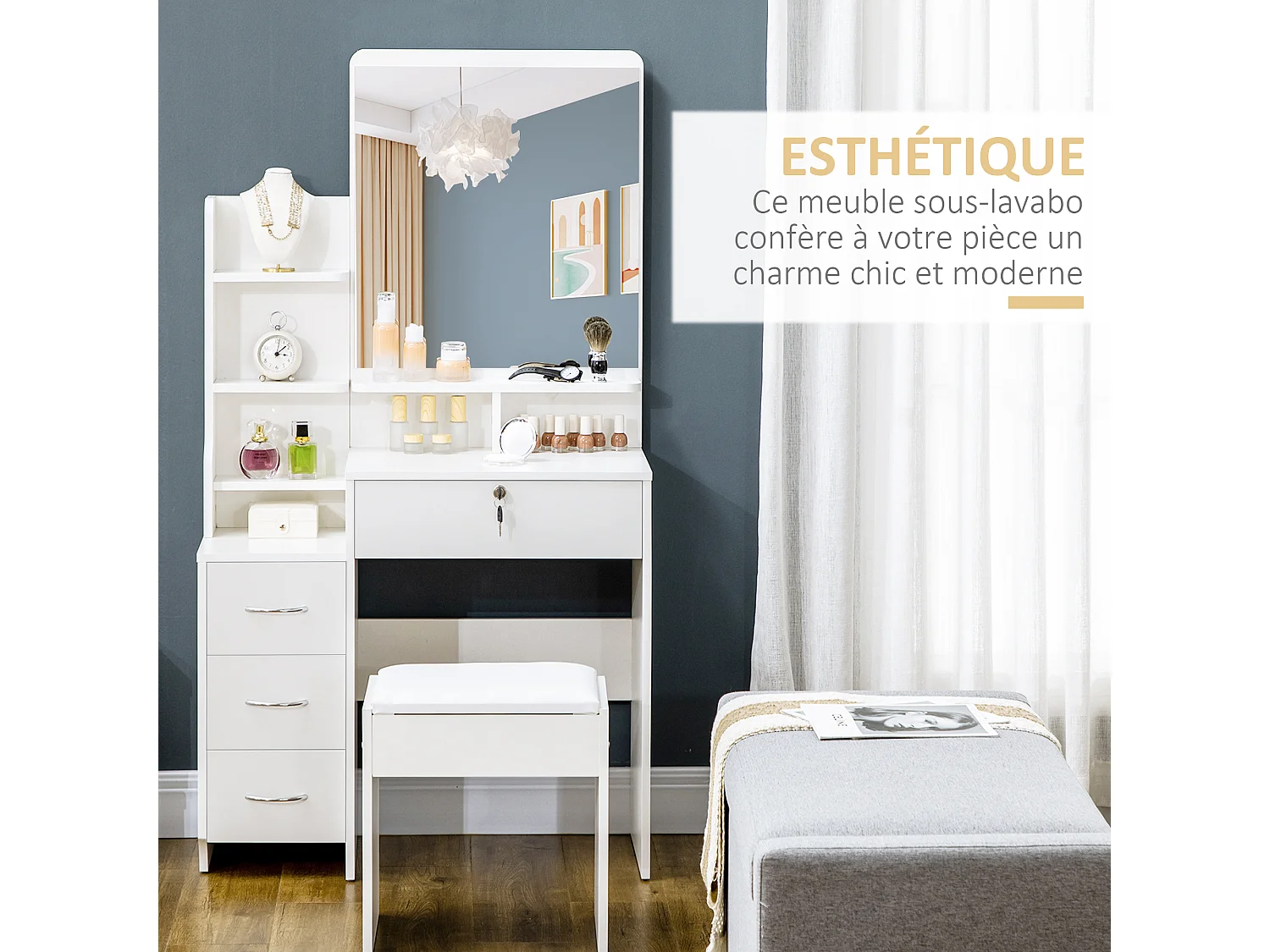 Ensemble coiffeuse tabouret design contemporain multi-rangement 4 tiroirs 4 étagères grand miroir blanc