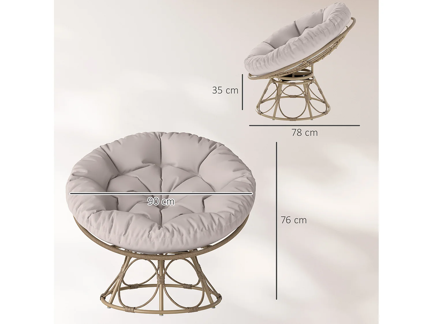 Fauteuil papasan pivotant avec coussin grand confort dia. 100 cm gris clair