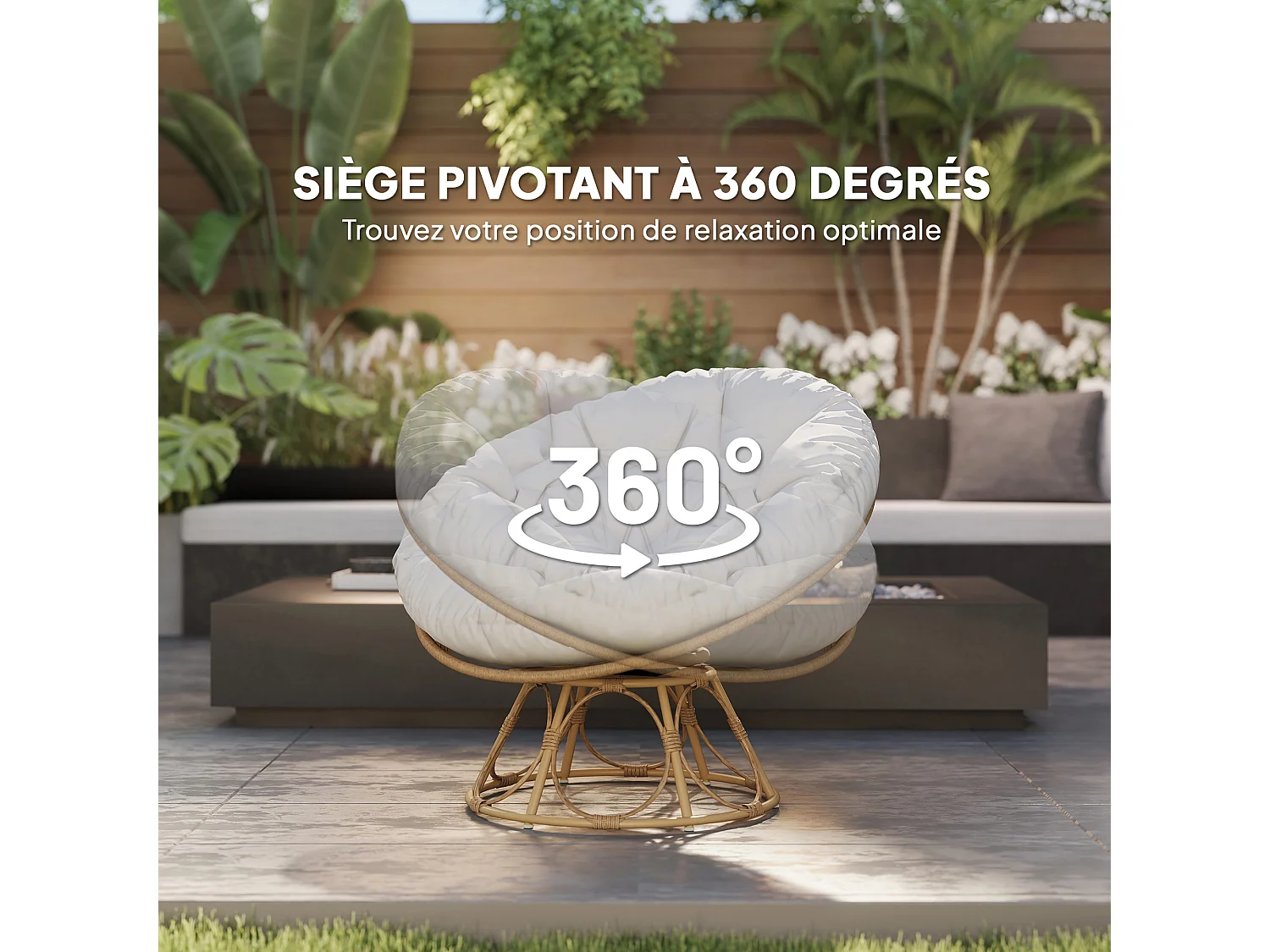 Fauteuil papasan pivotant avec coussin grand confort dia. 100 cm gris clair