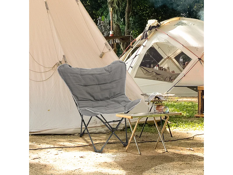 Fauteuil papillon - chaise de camping pliable - coussin rembourré - acier tissu gris
