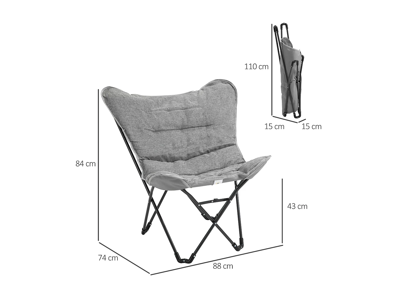 Fauteuil papillon - chaise de camping pliable - coussin rembourré - acier tissu gris