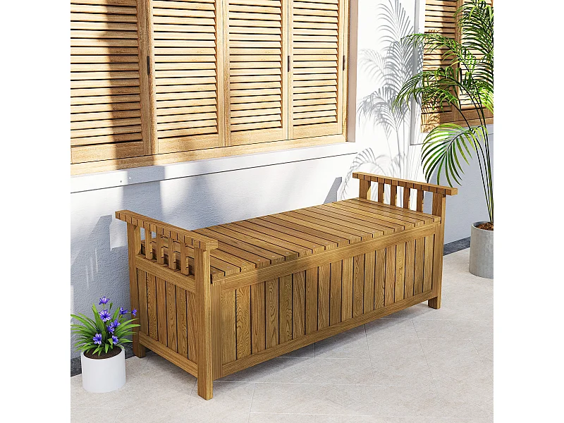 Banc de jardin avec coffre de rangement 186L - accoudoirs - dim. 128 x 56 x 53 cm - habillage PVC bois de sapin pré-huilé