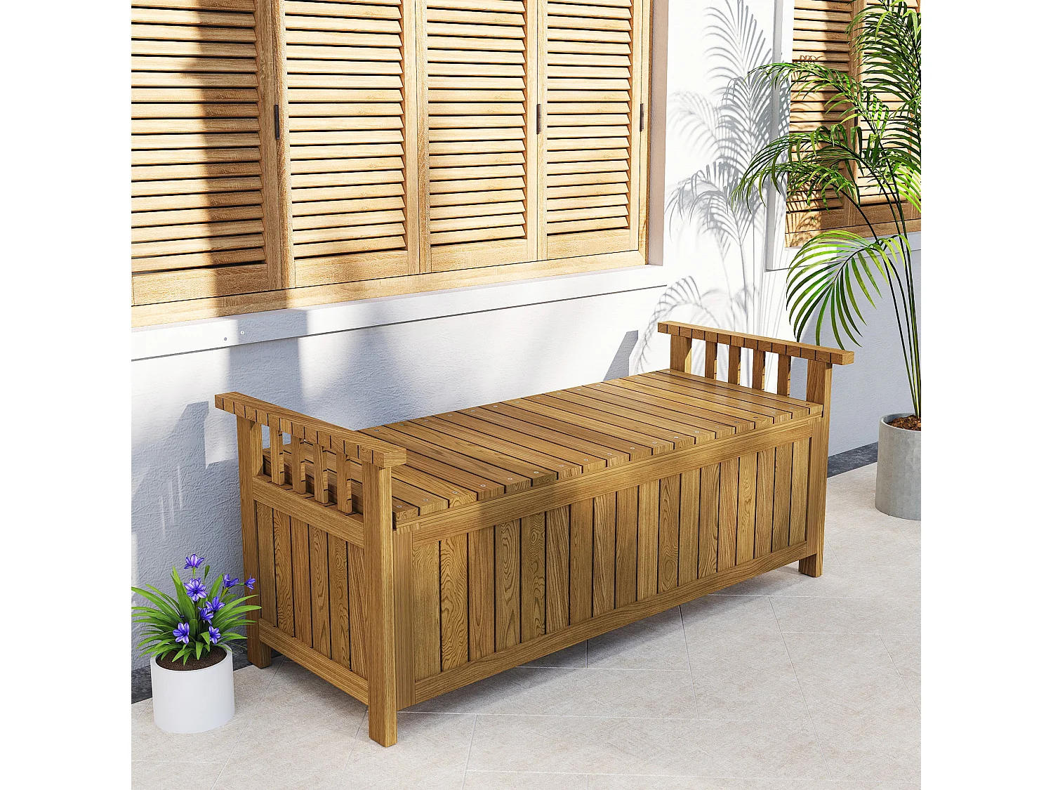 Banc de jardin avec coffre de rangement 186L - accoudoirs - dim. 128 x 56 x 53 cm - habillage PVC bois de sapin pré-huilé