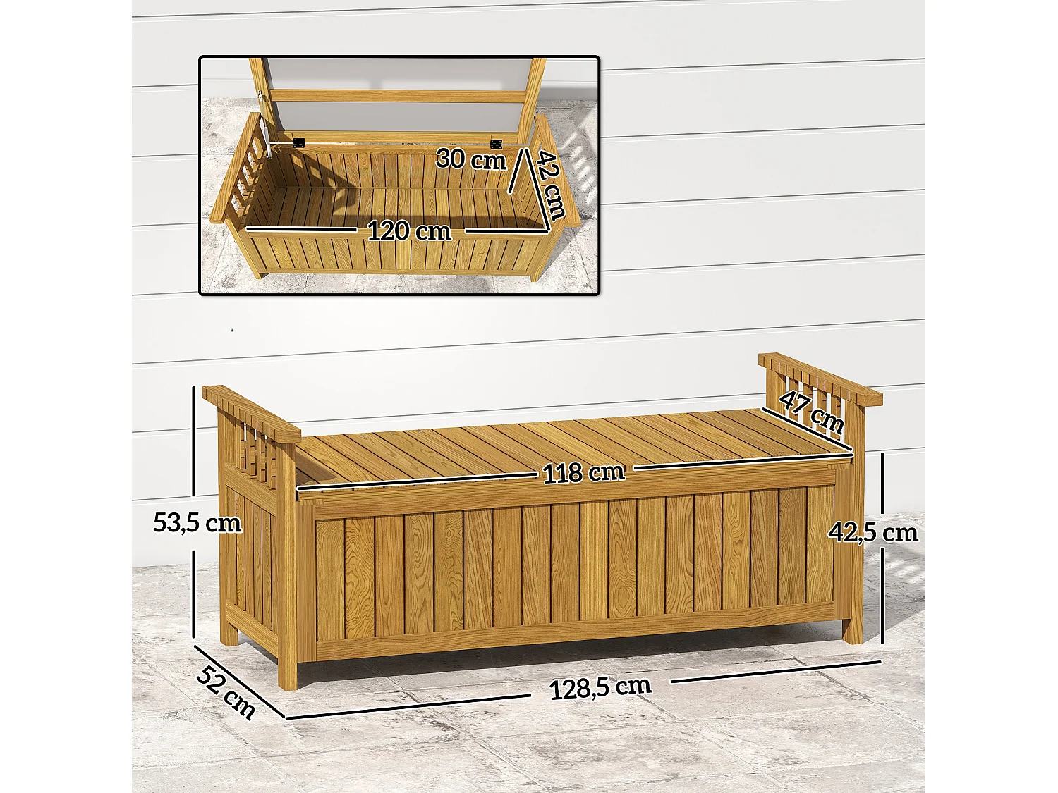 Banc de jardin avec coffre de rangement 186L - accoudoirs - dim. 128 x 56 x 53 cm - habillage PVC bois de sapin pré-huilé