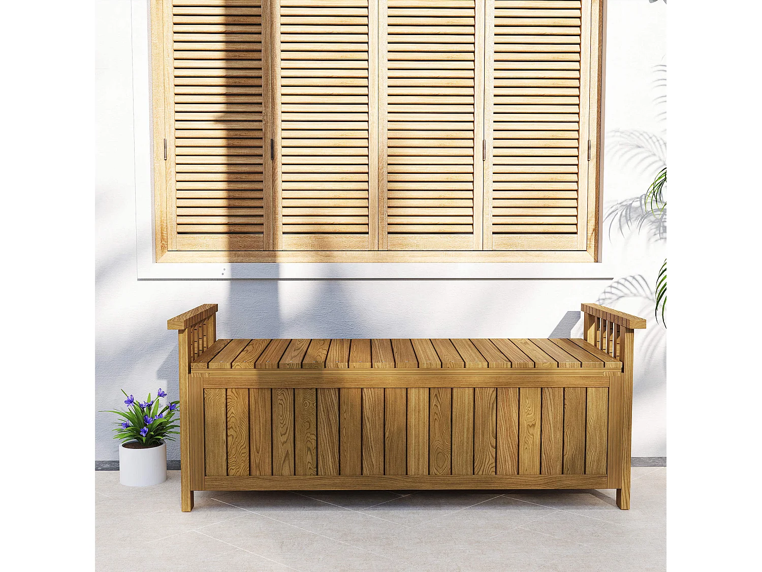 Banc de jardin avec coffre de rangement 186L - accoudoirs - dim. 128 x 56 x 53 cm - habillage PVC bois de sapin pré-huilé