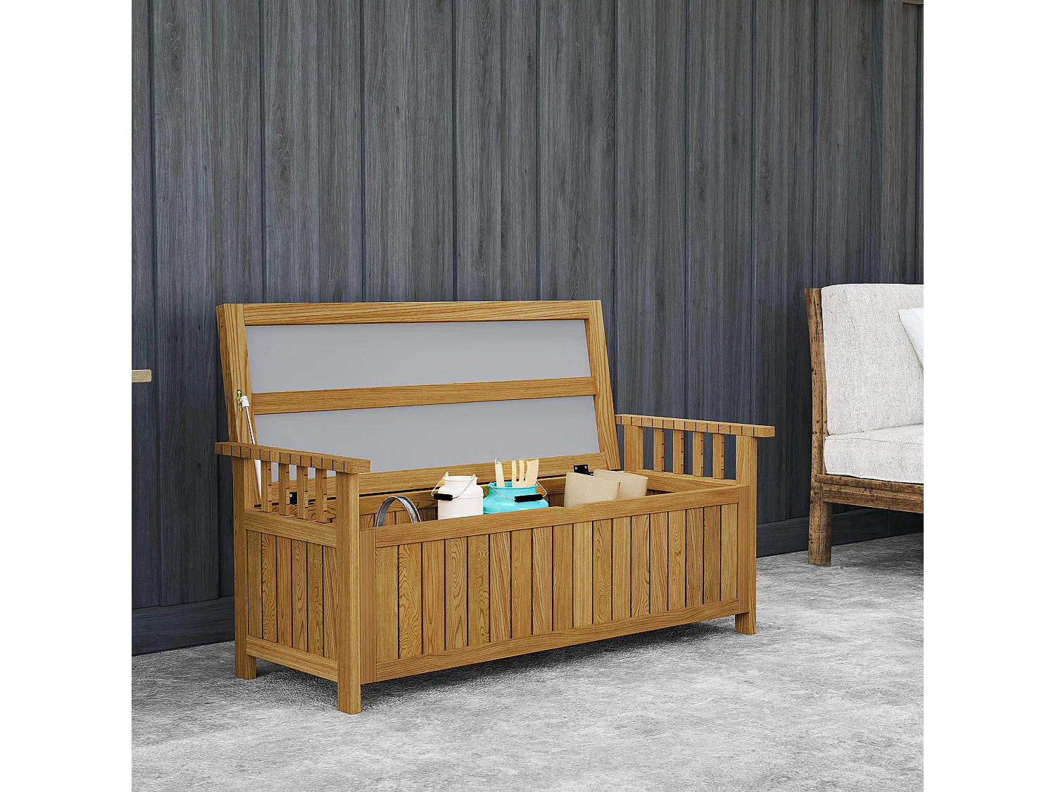 Banc de jardin avec coffre de rangement 186L - accoudoirs - dim. 128 x 56 x 53 cm - habillage PVC bois de sapin pré-huilé