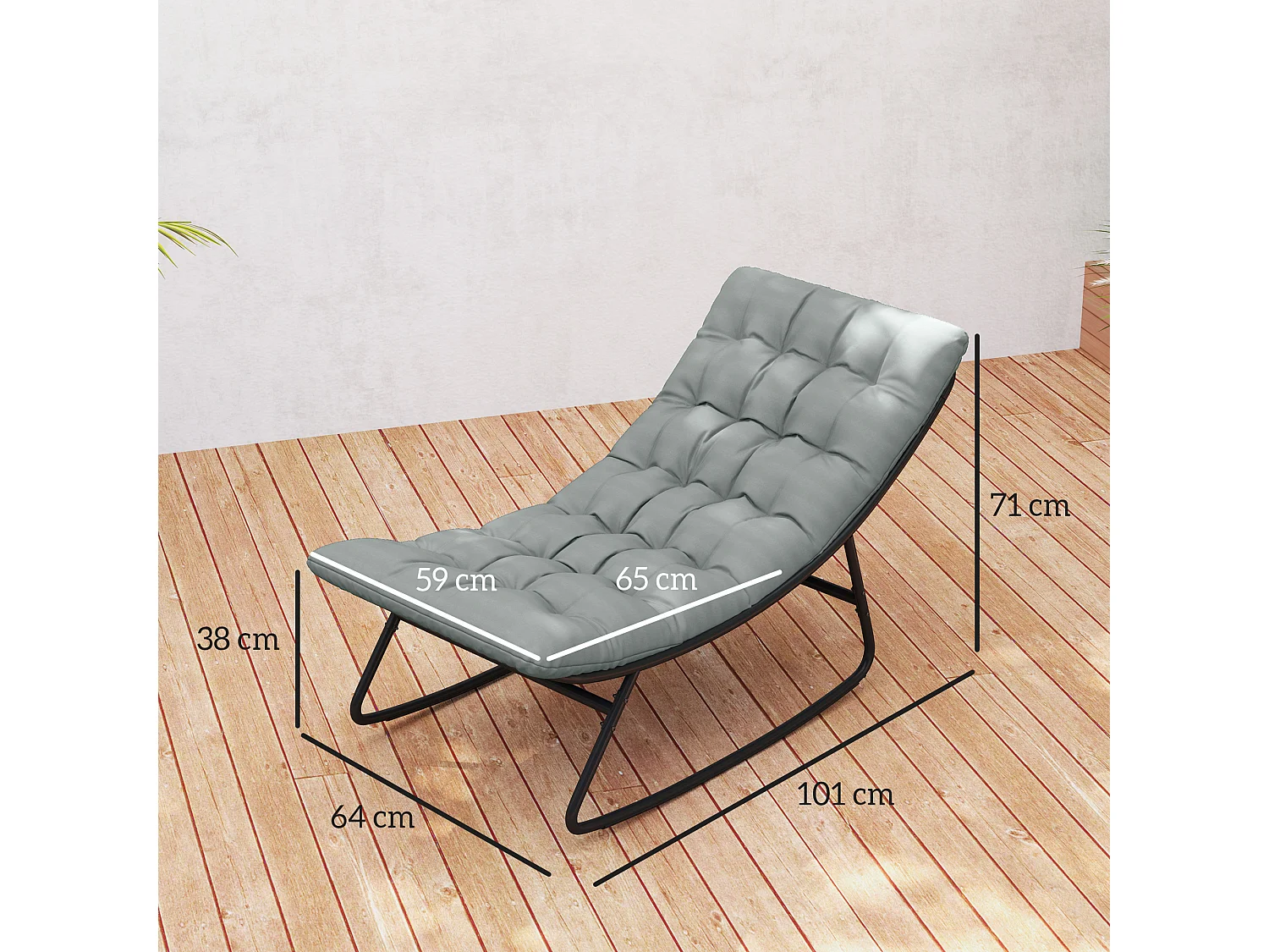 Lot de 2 fauteuils à bascule de jardin avec matelas style Chesterfield acier noir tissu gris