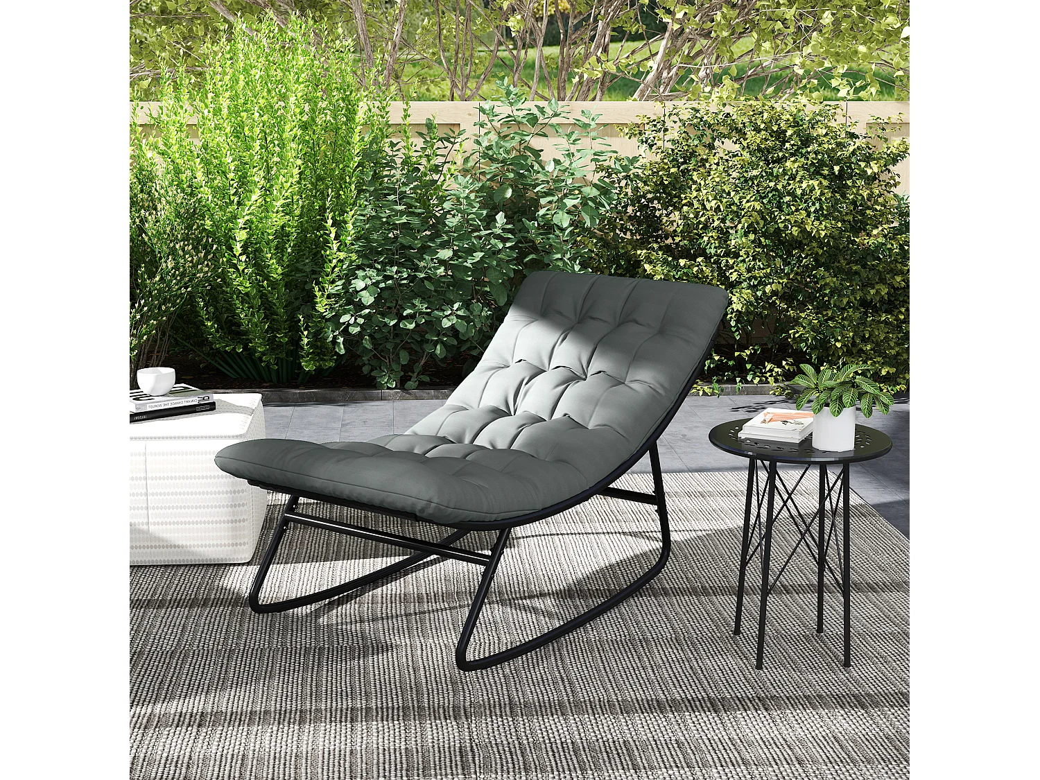 Lot de 2 fauteuils à bascule de jardin avec matelas style Chesterfield acier noir tissu gris