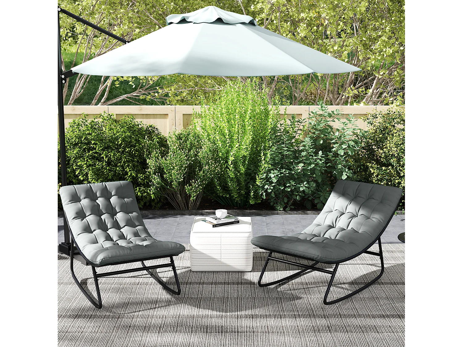 Lot de 2 fauteuils à bascule de jardin avec matelas style Chesterfield acier noir tissu gris