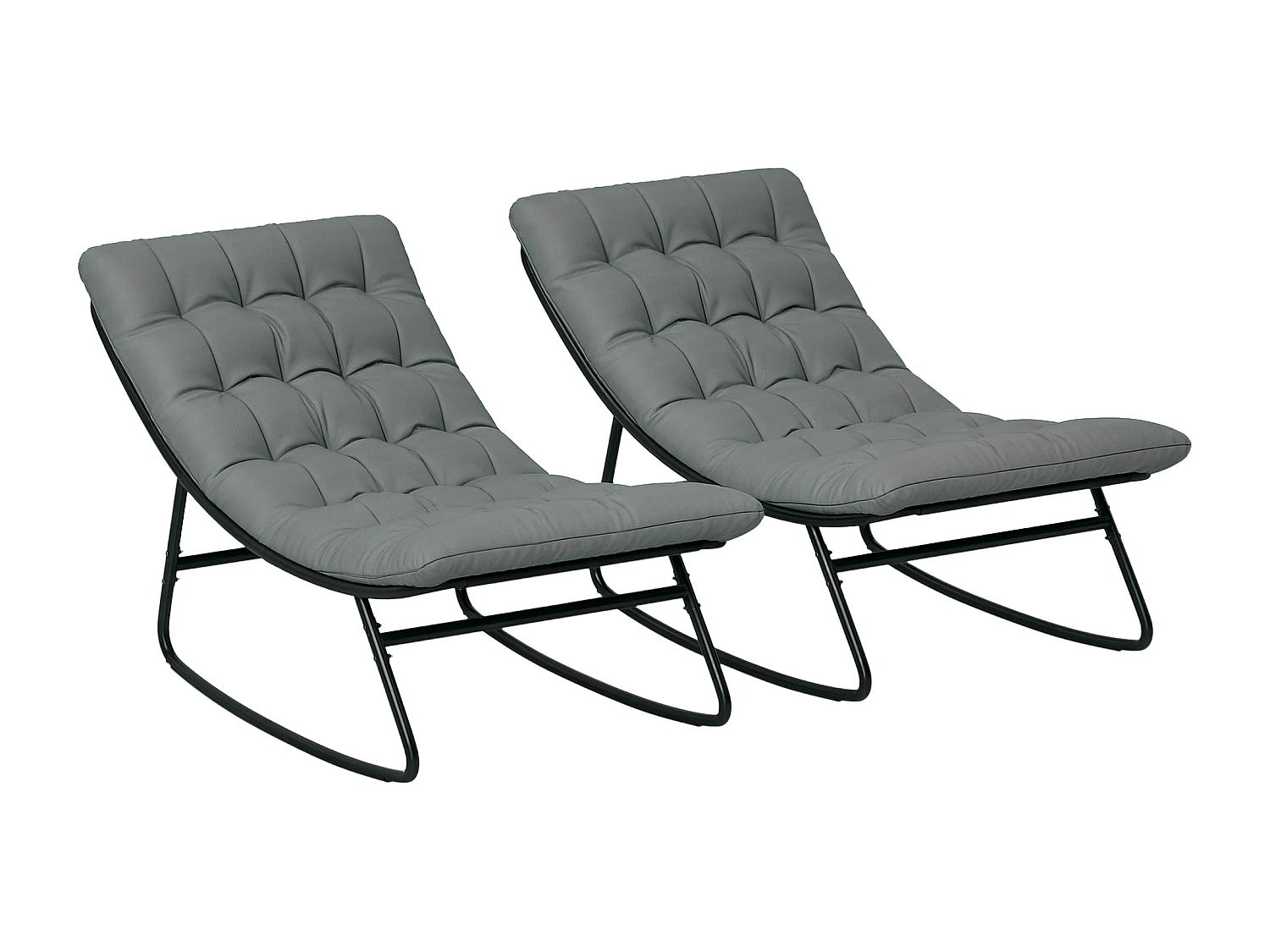 Lot de 2 fauteuils à bascule de jardin avec matelas style Chesterfield acier noir tissu gris