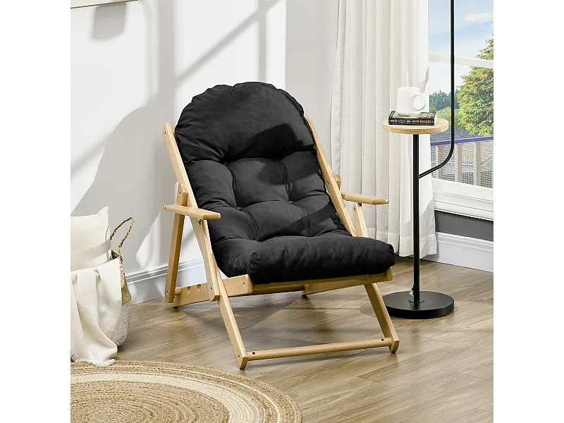Fauteuil chaise pliable et inclinable en bois grand confort avec coussin capitonné épais - dim. 71I x 89P x 96H cm - noir
