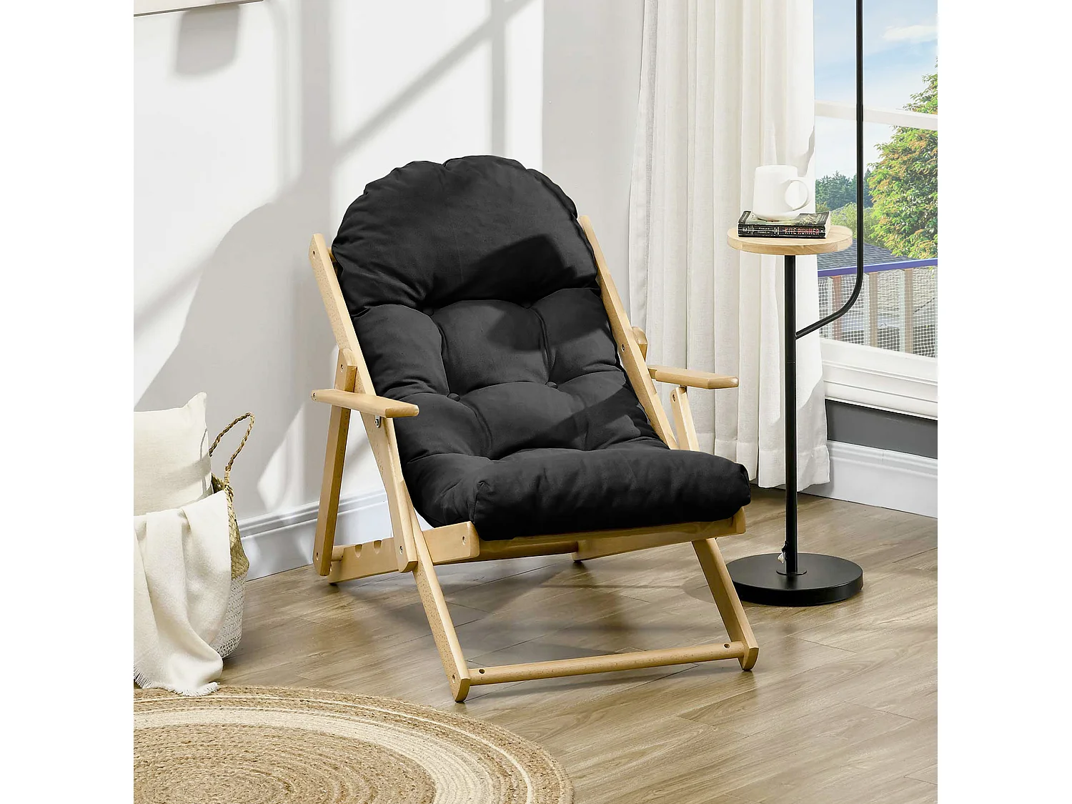 Fauteuil chaise pliable et inclinable en bois grand confort avec coussin capitonné épais - dim. 71I x 89P x 96H cm - noir