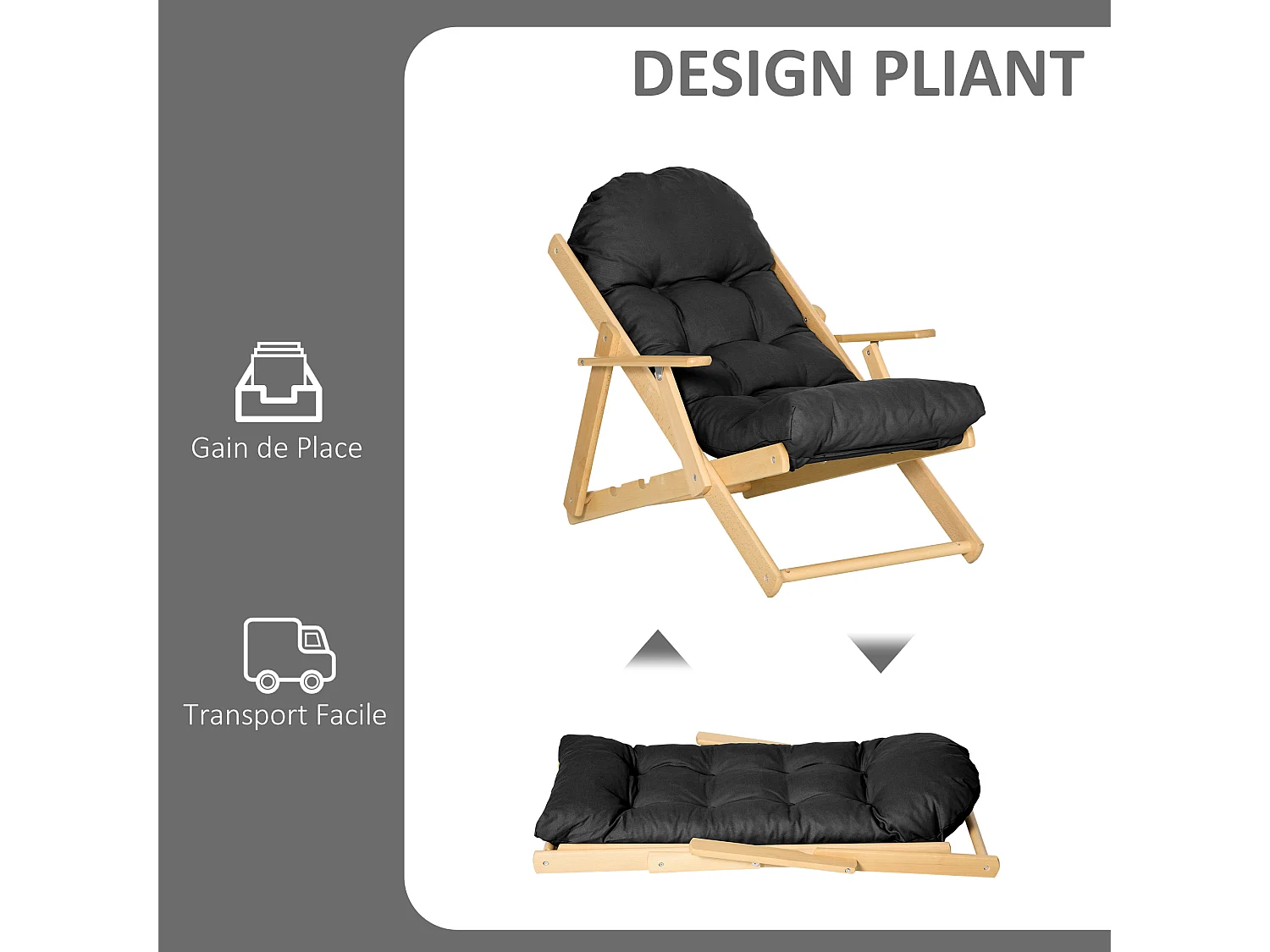 Fauteuil chaise pliable et inclinable en bois grand confort avec coussin capitonné épais - dim. 71I x 89P x 96H cm - noir